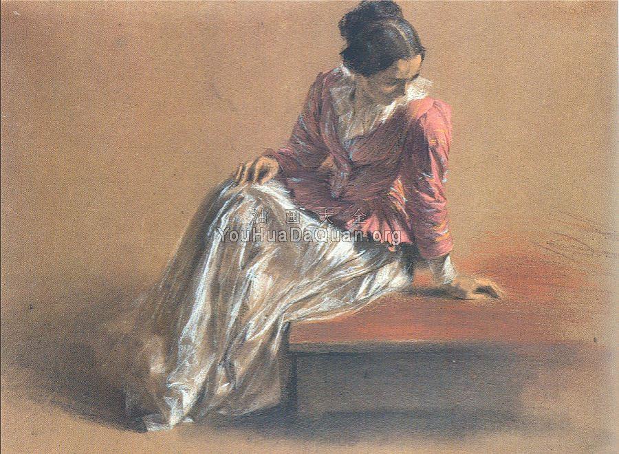 Costume Study of a Seated Woman, The Artist's Sister Emilie - 阿道夫·冯·门采尔